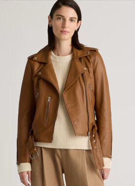 Quince Cognac Brown Women's 100% Sheep Leather Moto Jacket Small NEW MSRP$498